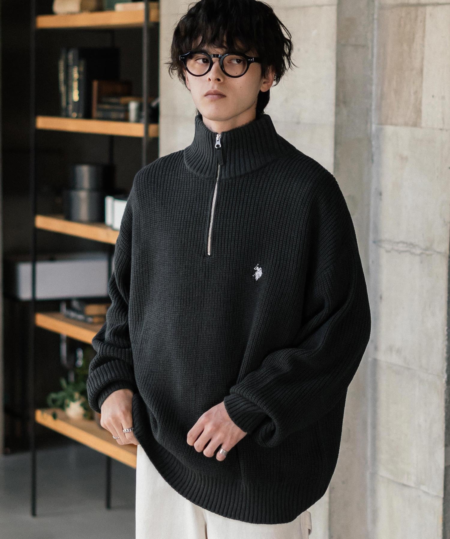 U.S. POLO ASSN. ユーエスポロアッスン 別注コラボ オーバーサイズワンポイントロゴ刺繍畦編みハーフジップ長袖ニットセーター 14769
