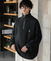 U.S. POLO ASSN. ユーエスポロアッスン 別注コラボ オーバーサイズワンポイントロゴ刺繍畦編みハーフジップ長袖ニットセーター 14769