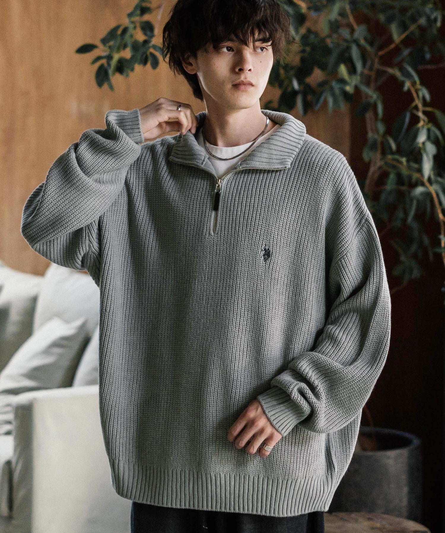 U.S. POLO ASSN. ユーエスポロアッスン 別注コラボ オーバーサイズワンポイントロゴ刺繍畦編みハーフジップ長袖ニットセーター 14769