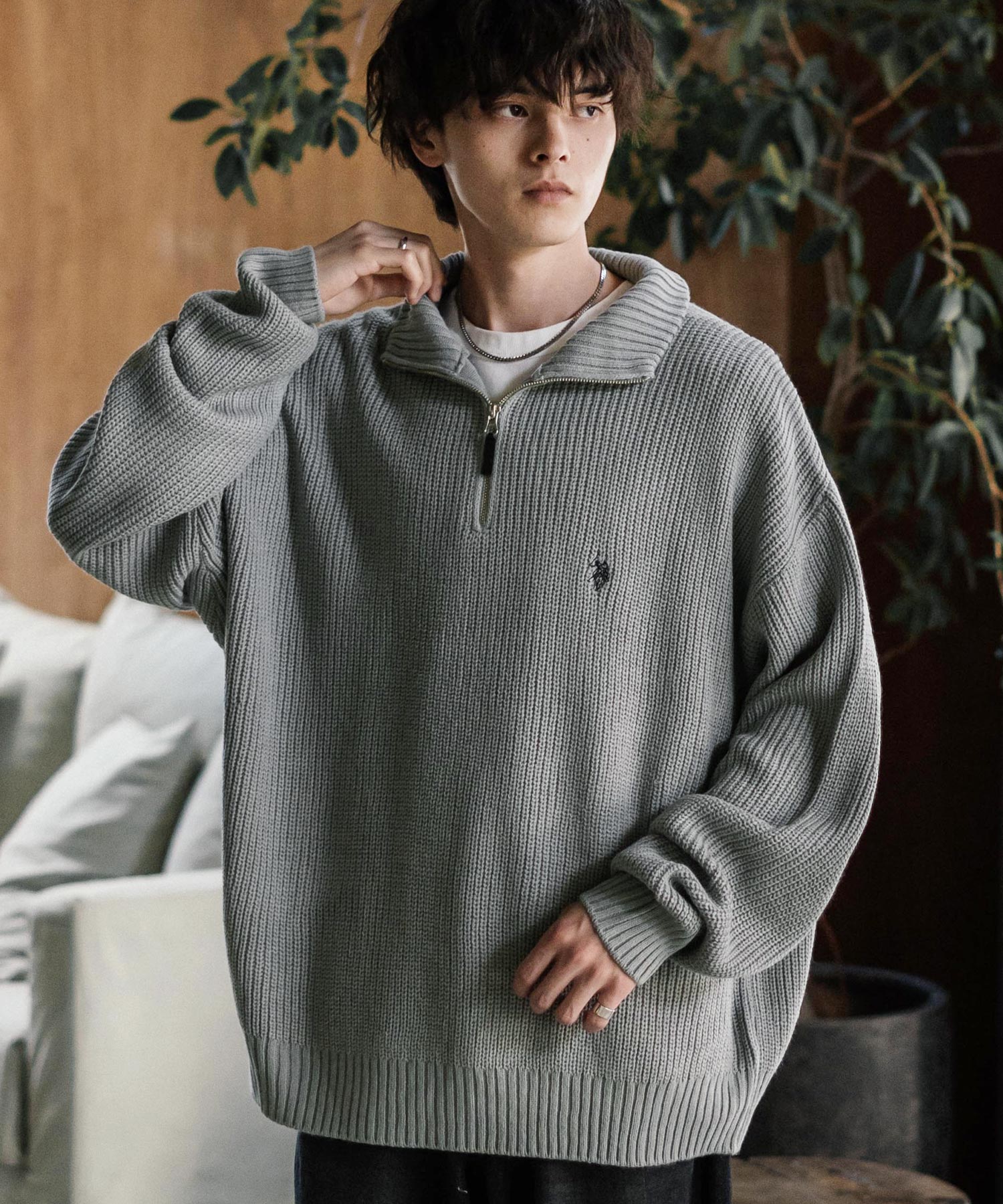 U.S. POLO ASSN. ユーエスポロアッスン 別注コラボ オーバーサイズワンポイントロゴ刺繍畦編みハーフジップ長袖ニットセーター 14769