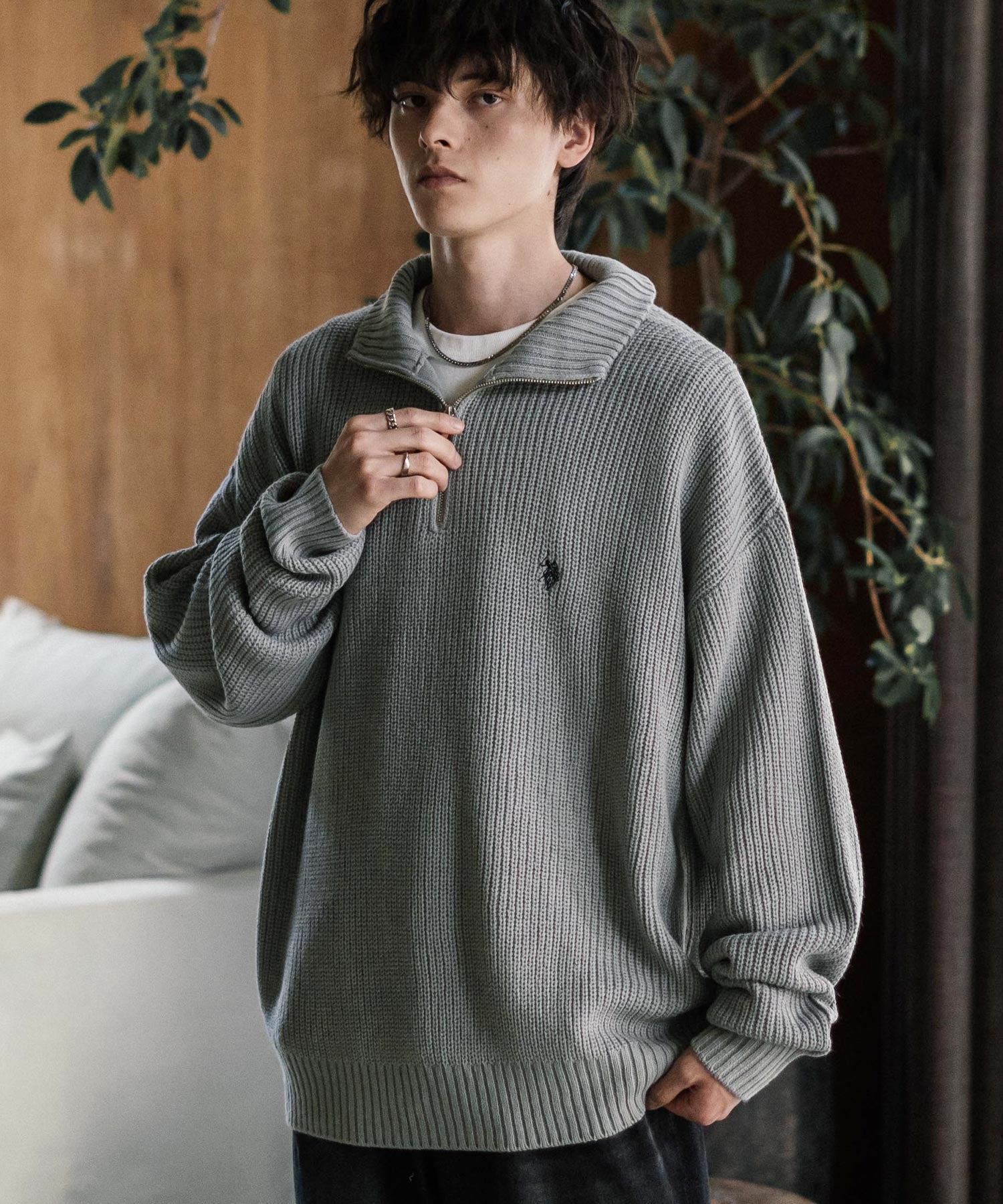 U.S. POLO ASSN. ユーエスポロアッスン 別注コラボ オーバーサイズワンポイントロゴ刺繍畦編みハーフジップ長袖ニットセーター 14769