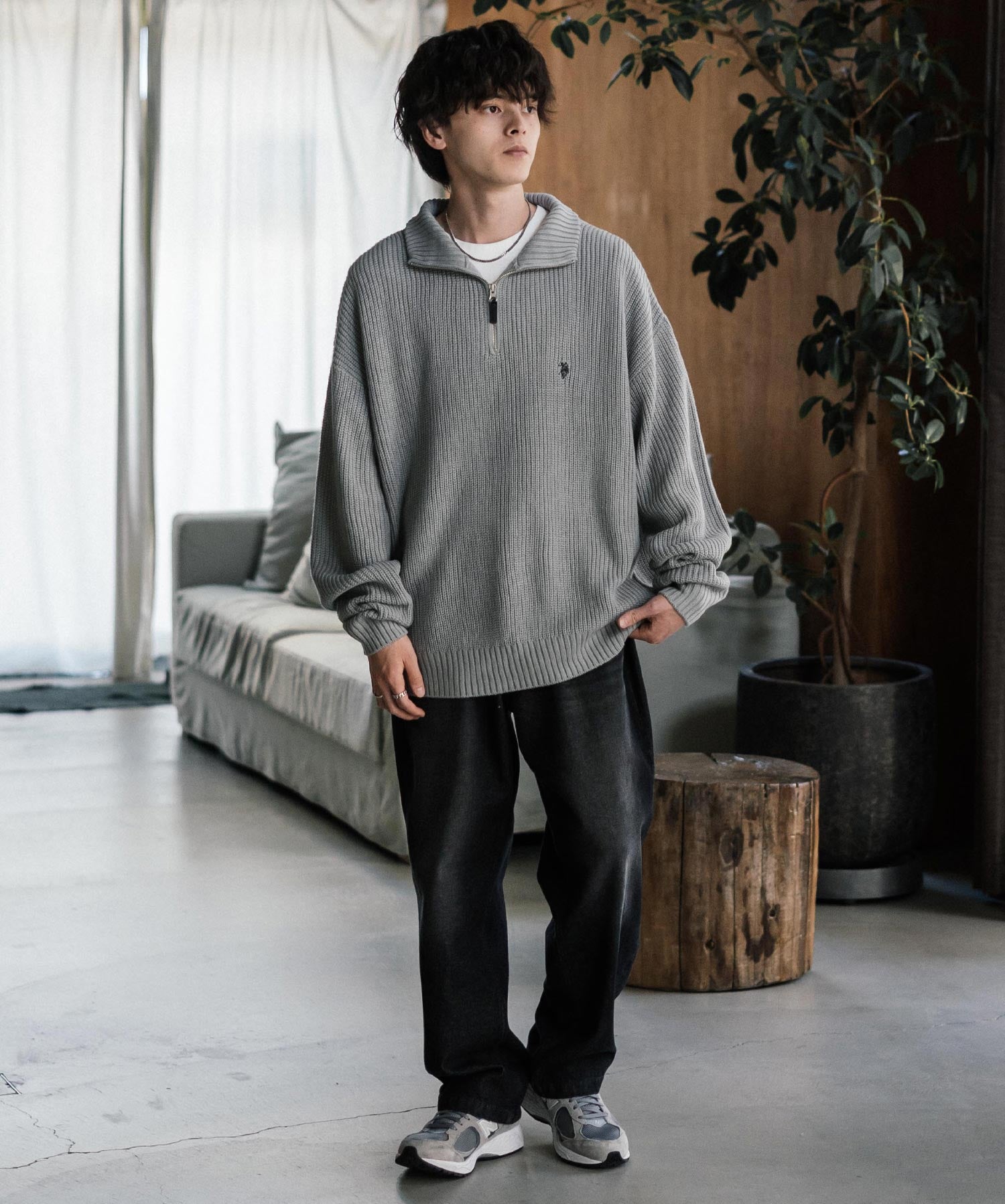 U.S. POLO ASSN. ユーエスポロアッスン 別注コラボ オーバーサイズワンポイントロゴ刺繍畦編みハーフジップ長袖ニットセーター 14769