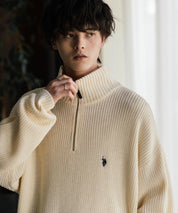U.S. POLO ASSN. ユーエスポロアッスン 別注コラボ オーバーサイズワンポイントロゴ刺繍畦編みハーフジップ長袖ニットセーター 14769
