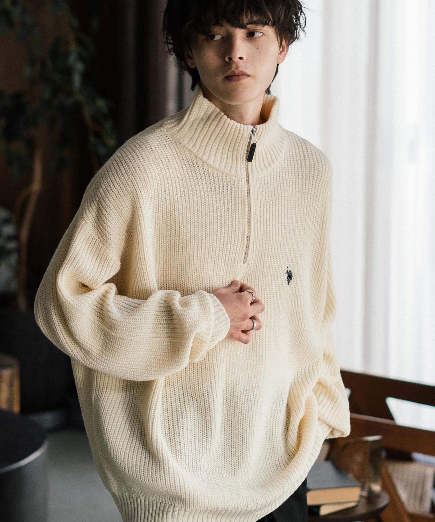 U.S. POLO ASSN. ユーエスポロアッスン 別注コラボ オーバーサイズワンポイントロゴ刺繍畦編みハーフジップ長袖ニットセーター 14769
