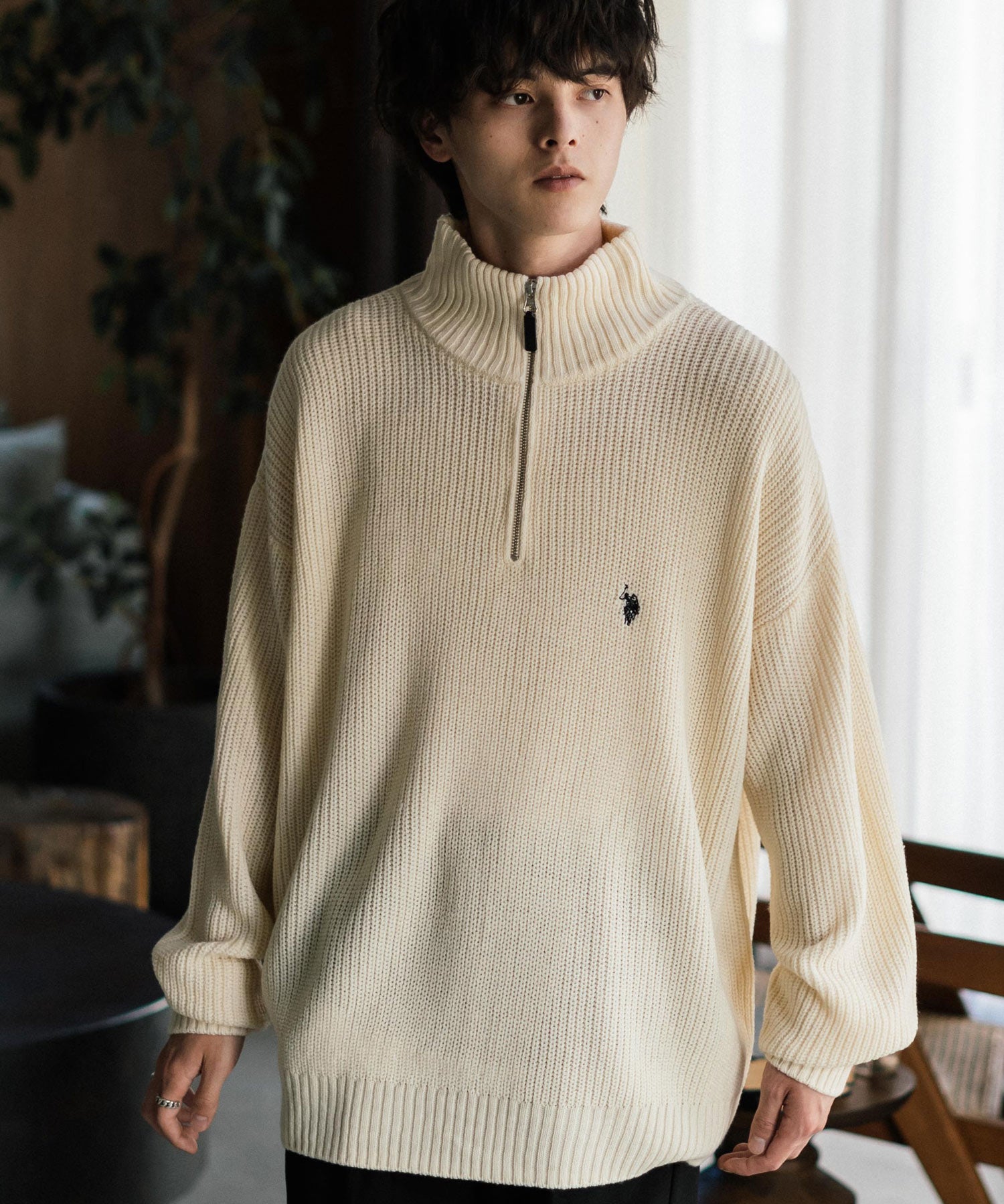 U.S. POLO ASSN. ユーエスポロアッスン 別注コラボ オーバーサイズワンポイントロゴ刺繍畦編みハーフジップ長袖ニットセーター 14769