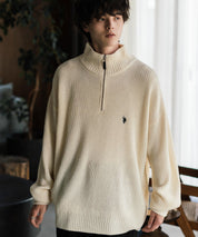 U.S. POLO ASSN. ユーエスポロアッスン 別注コラボ オーバーサイズワンポイントロゴ刺繍畦編みハーフジップ長袖ニットセーター 14769