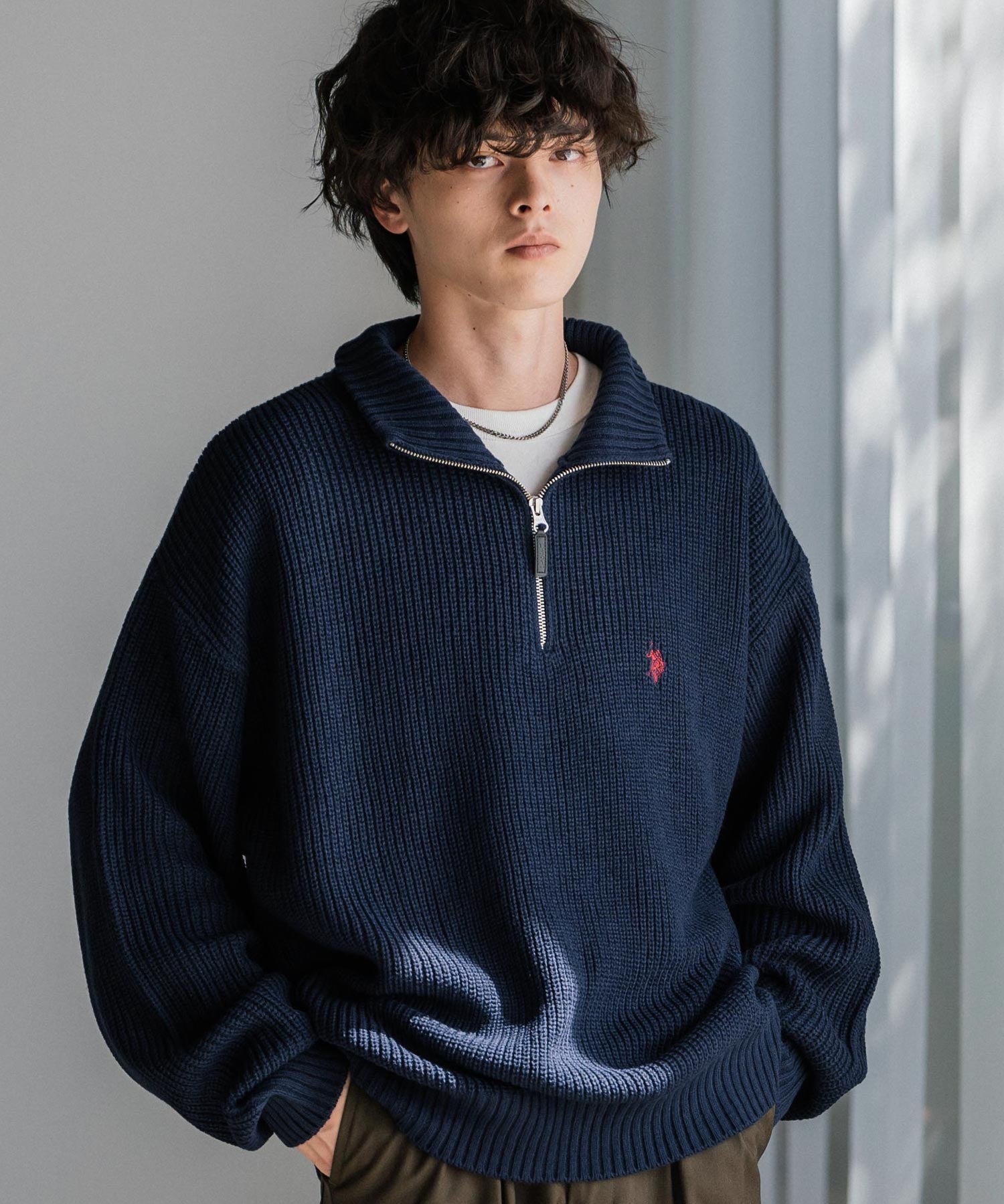 U.S. POLO ASSN. ユーエスポロアッスン 別注コラボ オーバーサイズワンポイントロゴ刺繍畦編みハーフジップ長袖ニットセーター 14769