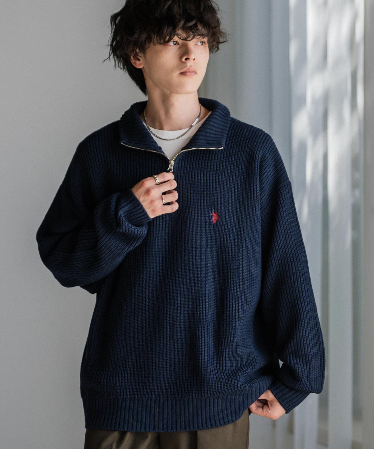 U.S. POLO ASSN. ユーエスポロアッスン 別注コラボ オーバーサイズワンポイントロゴ刺繍畦編みハーフジップ長袖ニットセーター 14769
