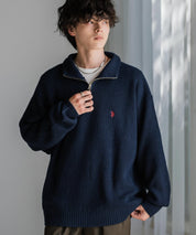 U.S. POLO ASSN. ユーエスポロアッスン 別注コラボ オーバーサイズワンポイントロゴ刺繍畦編みハーフジップ長袖ニットセーター 14769