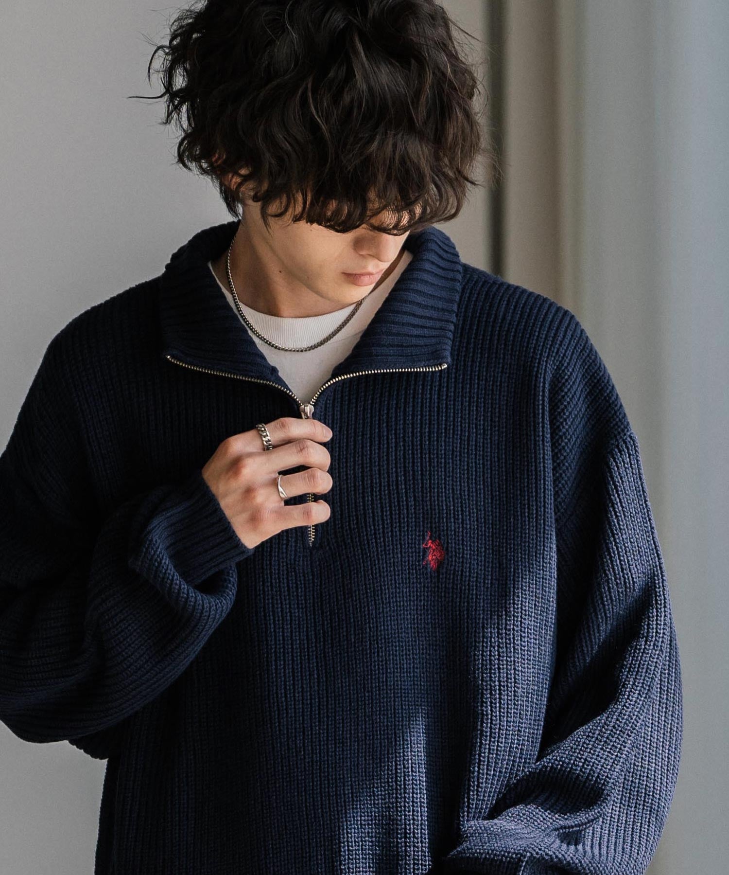 U.S. POLO ASSN. ユーエスポロアッスン 別注コラボ オーバーサイズワンポイントロゴ刺繍畦編みハーフジップ長袖ニットセーター 14769