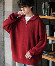 U.S. POLO ASSN. ユーエスポロアッスン 別注コラボ オーバーサイズワンポイントロゴ刺繍畦編みハーフジップ長袖ニットセーター 14769