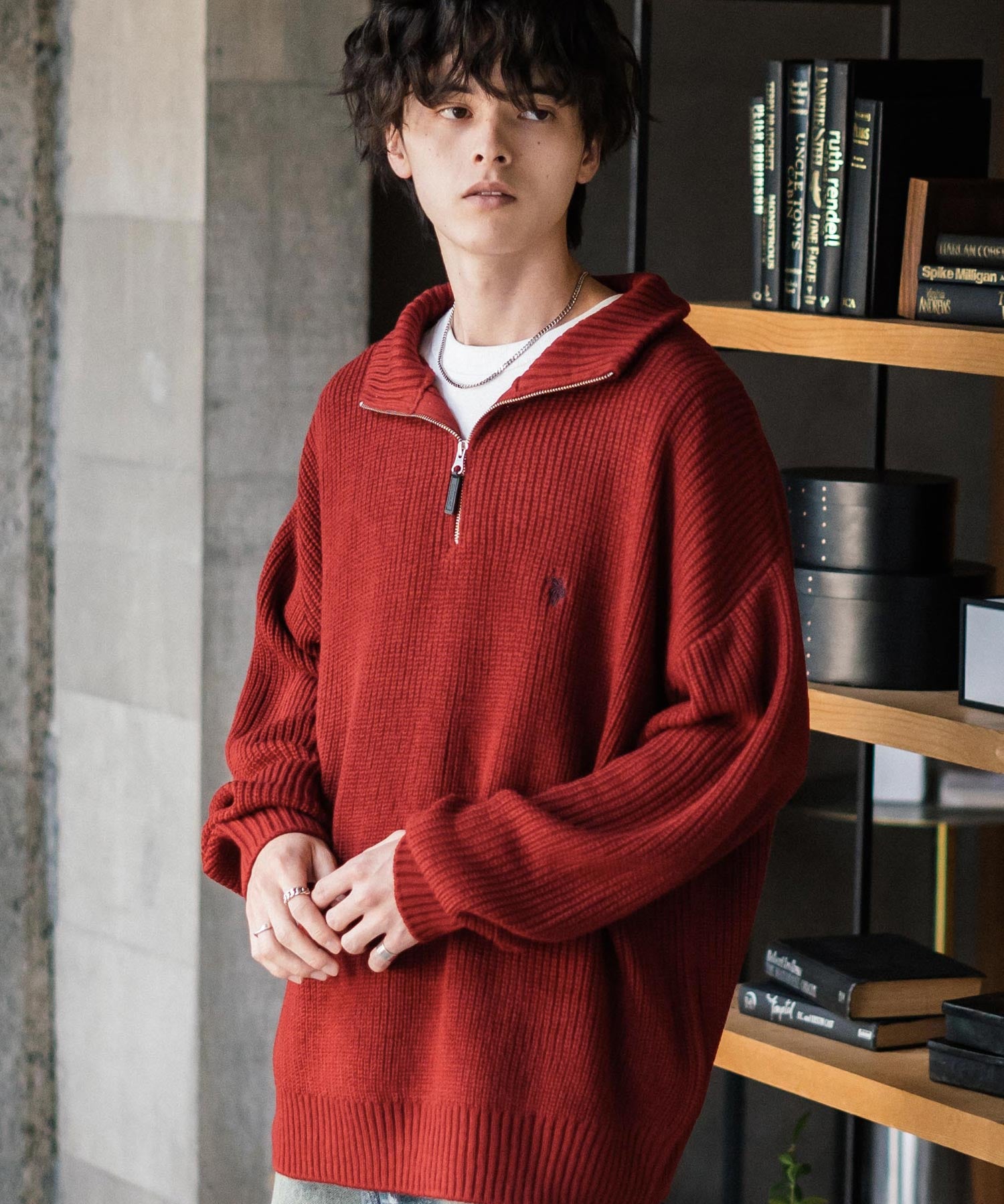 U.S. POLO ASSN. ユーエスポロアッスン 別注コラボ オーバーサイズワンポイントロゴ刺繍畦編みハーフジップ長袖ニットセーター 14769