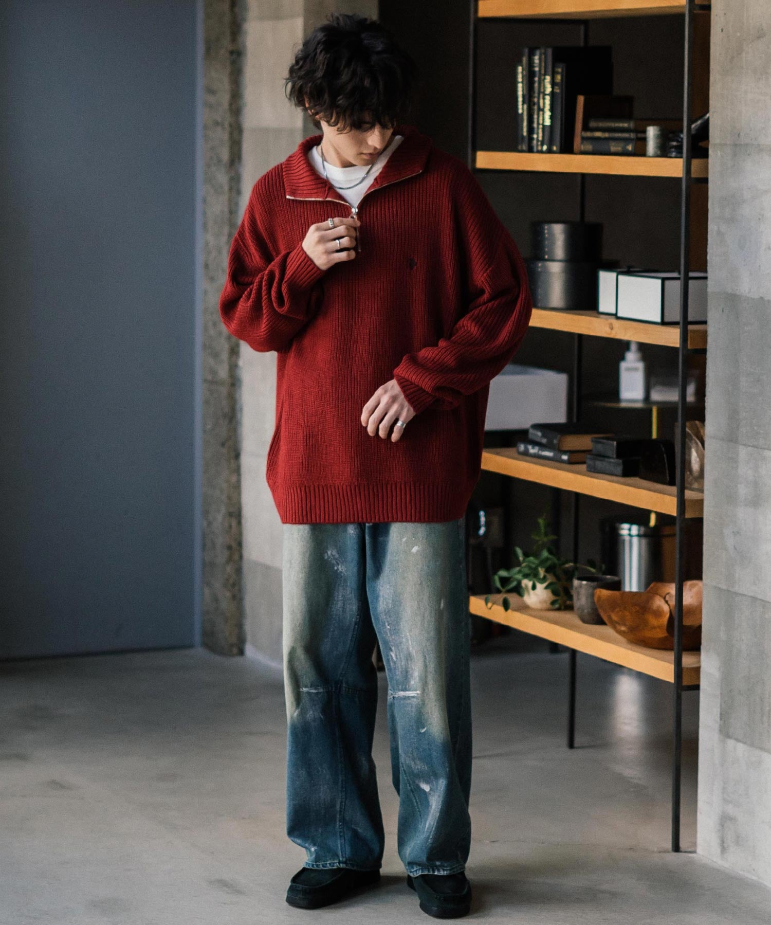 U.S. POLO ASSN. ユーエスポロアッスン 別注コラボ オーバーサイズワンポイントロゴ刺繍畦編みハーフジップ長袖ニットセーター 14769