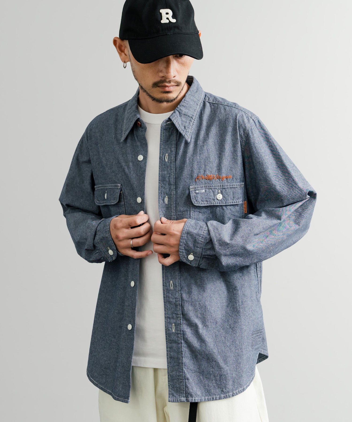 KRIFF MAYER クリフメイヤー 刺繍インディゴシャンブレーシャツ/胸ポケット長袖デニムシャツ 2514000 14782