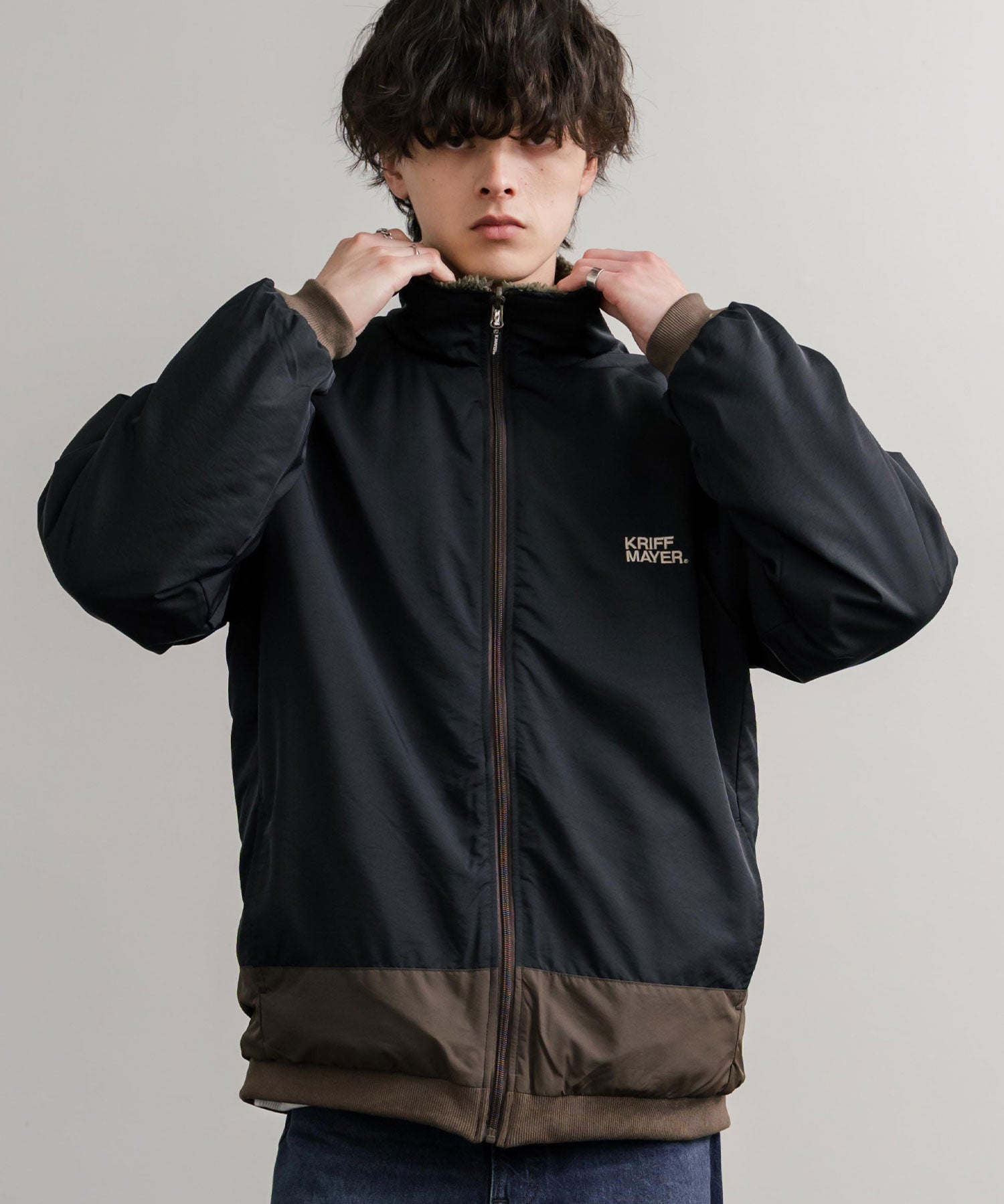 KRIFF MAYER クリフメイヤー 2WAY リバーシブルひっくりスタンドネックボアジャケット/ロゴ刺繍入りボアブルゾン 2514404 14796