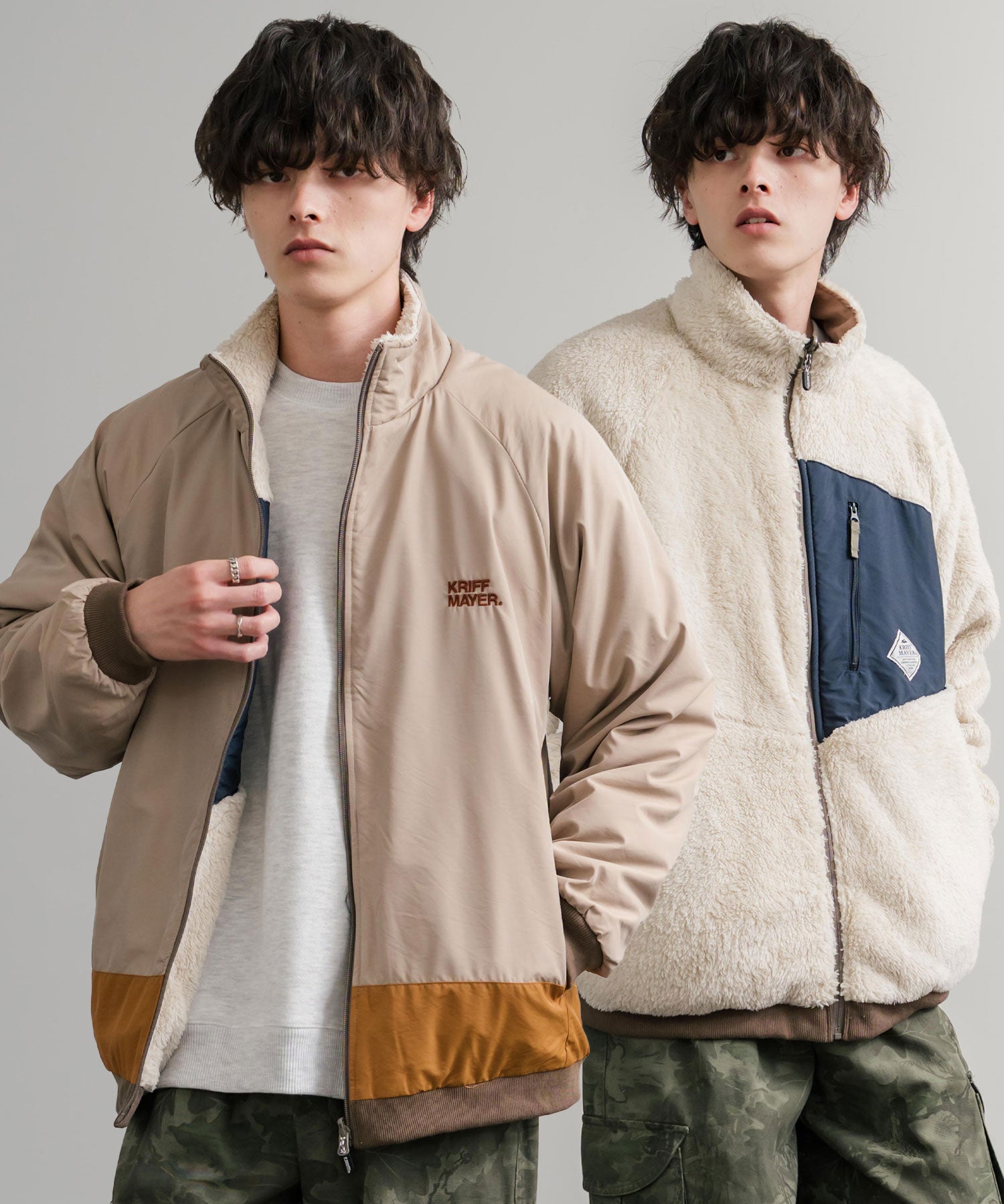KRIFF MAYER クリフメイヤー 2WAY リバーシブルひっくりスタンドネックボアジャケット/ロゴ刺繍入りボアブルゾン 2514404 14796