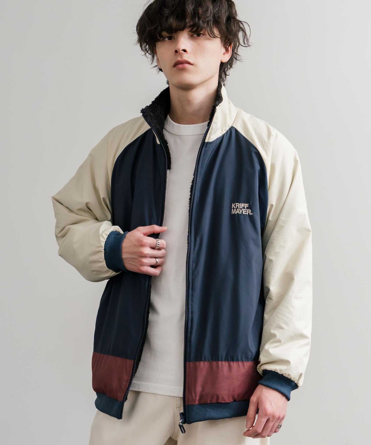 KRIFF MAYER クリフメイヤー 2WAY リバーシブルひっくりスタンドネックボアジャケット/ロゴ刺繍入りボアブルゾン 2514404 14796