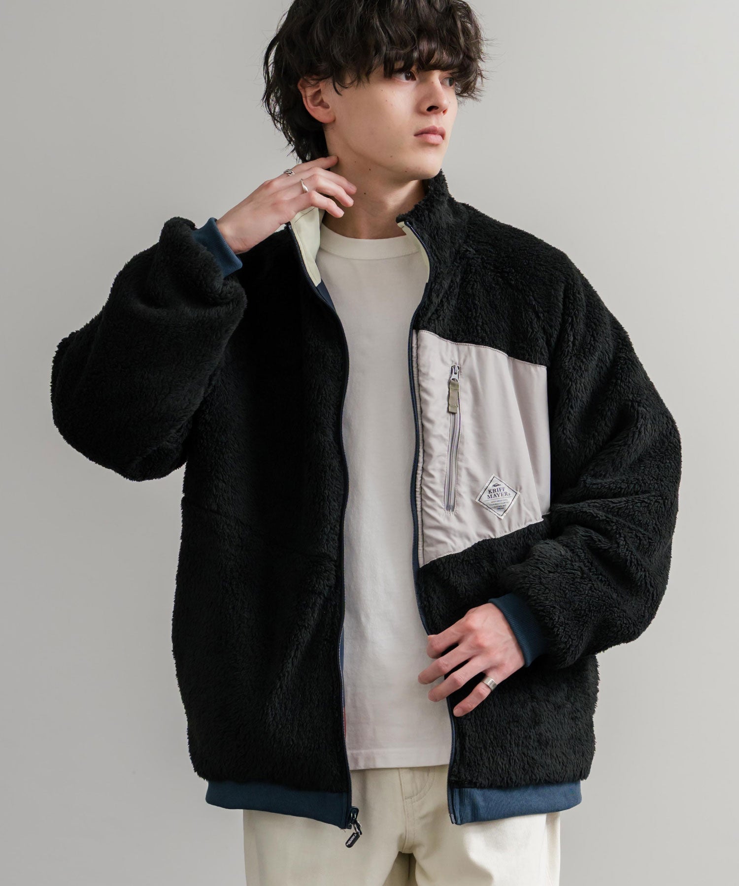 KRIFF MAYER クリフメイヤー 2WAY リバーシブルひっくりスタンドネックボアジャケット/ロゴ刺繍入りボアブルゾン 2514404 14796