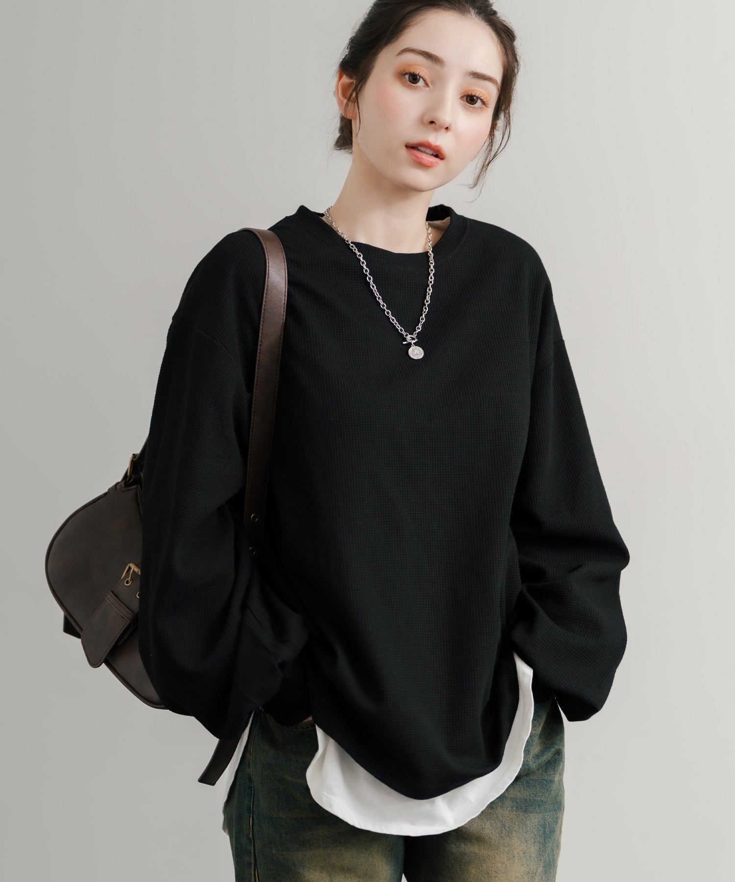 オーバーサイズバルーンスリーブワッフルロングTシャツ 14803