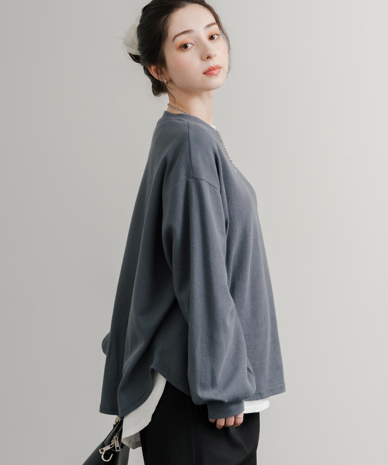 オーバーサイズバルーンスリーブワッフルロングTシャツ 14803