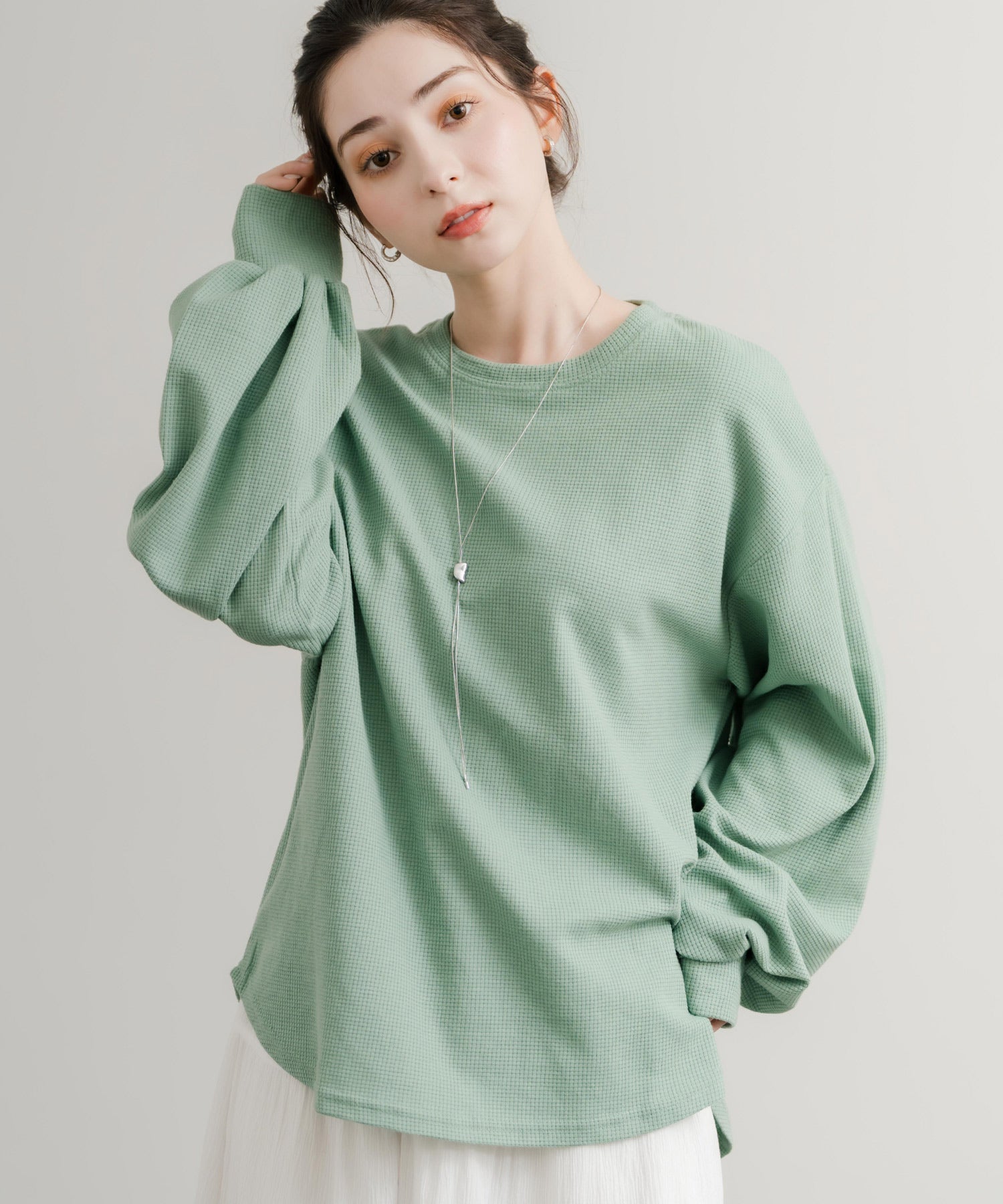 オーバーサイズバルーンスリーブワッフルロングTシャツ 14803