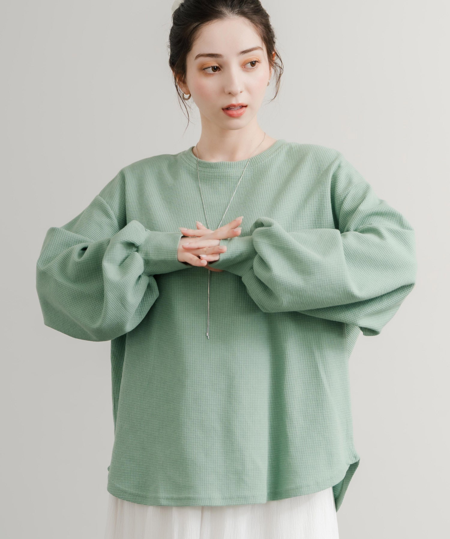 オーバーサイズバルーンスリーブワッフルロングTシャツ 14803