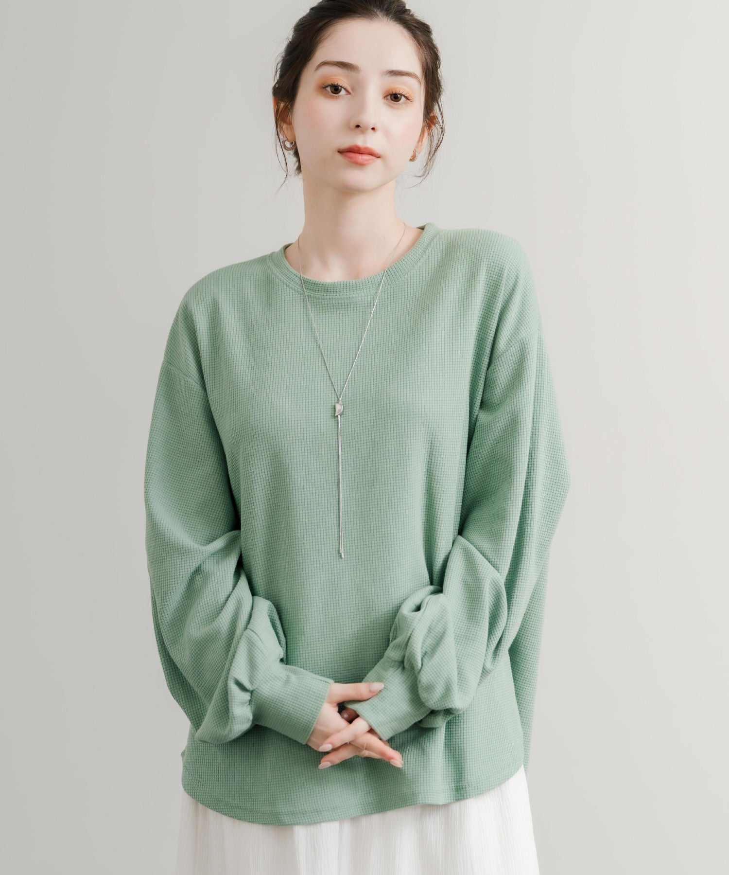 オーバーサイズバルーンスリーブワッフルロングTシャツ 14803