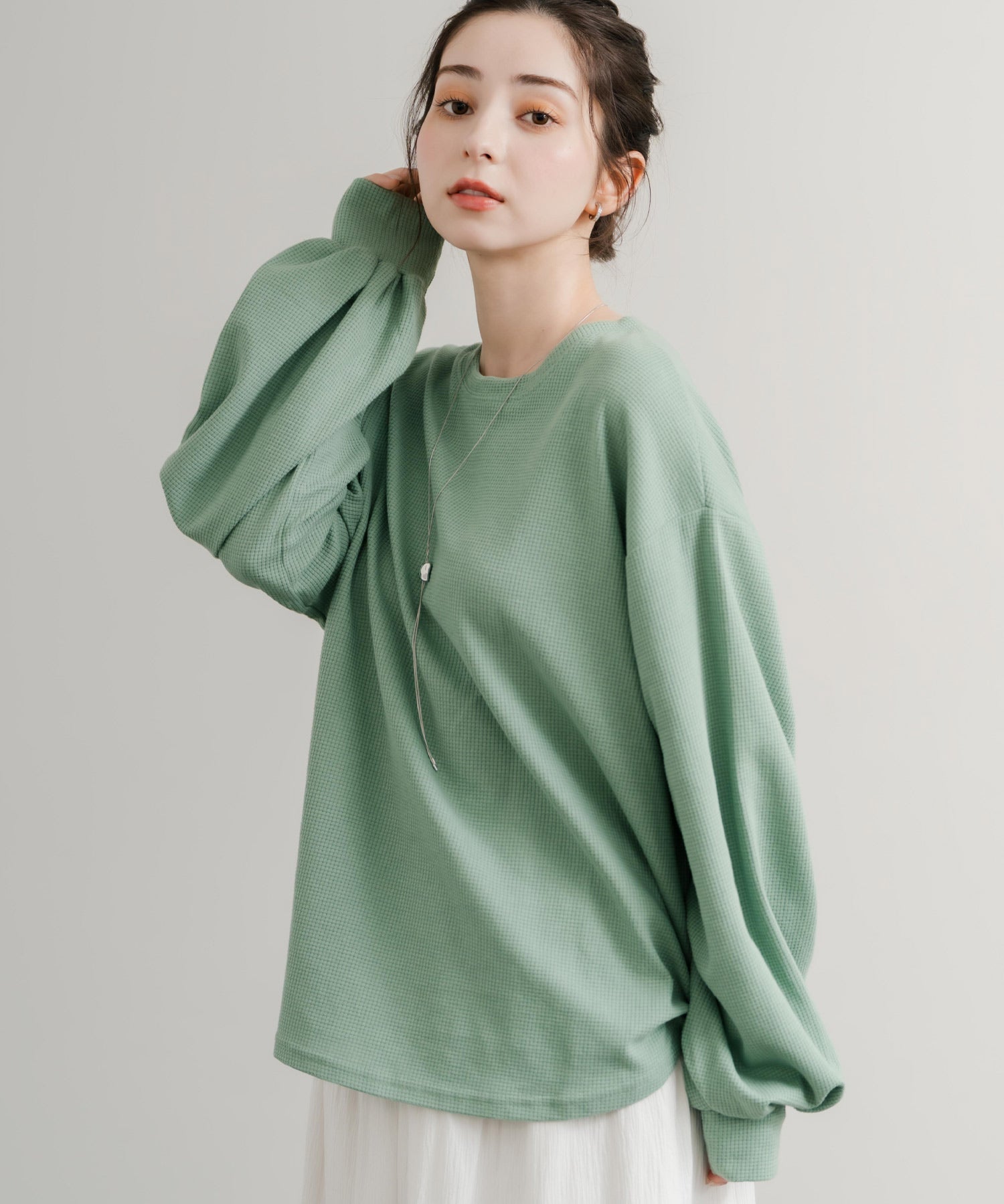 オーバーサイズバルーンスリーブワッフルロングTシャツ 14803