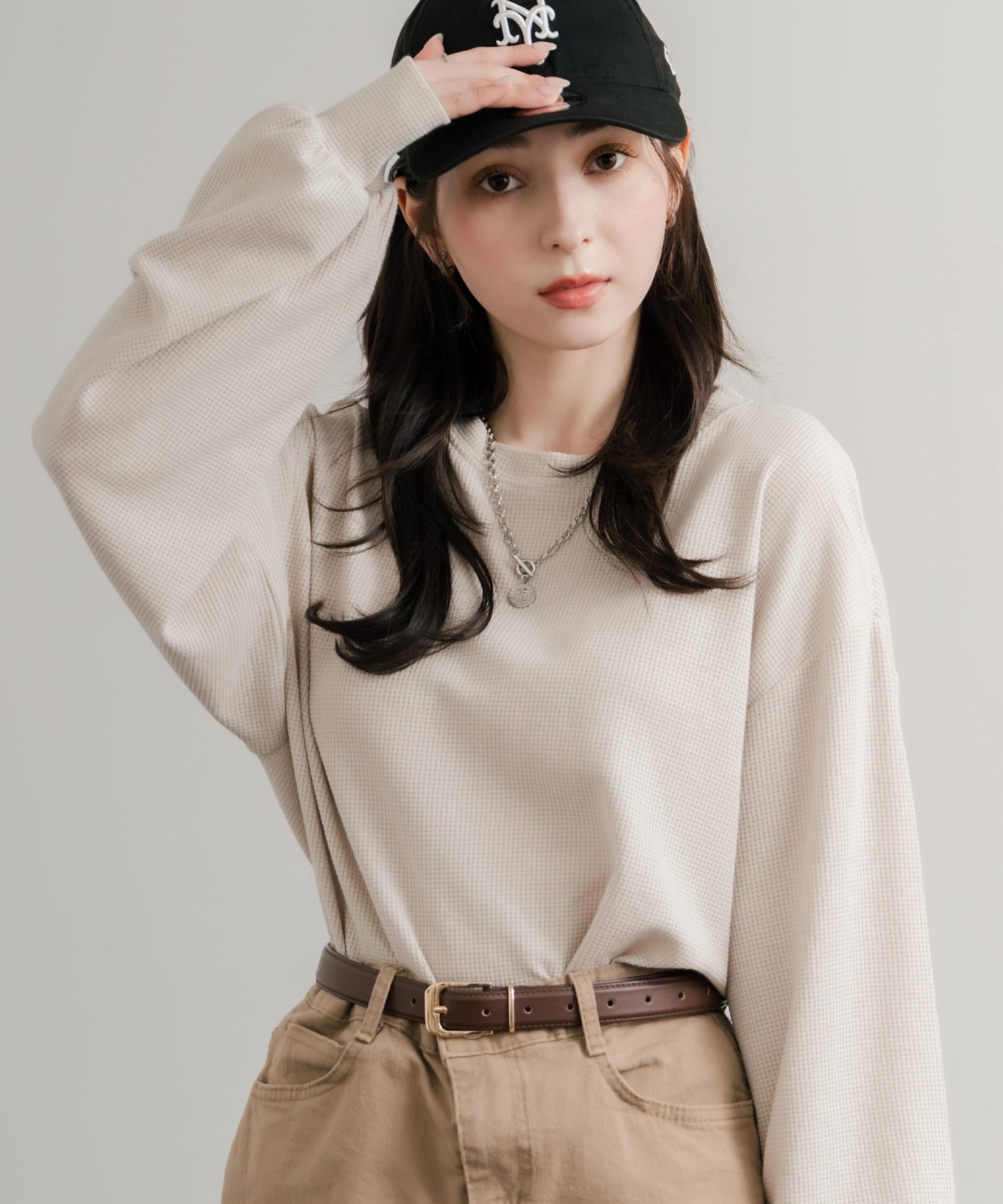 オーバーサイズバルーンスリーブワッフルロングTシャツ 14803