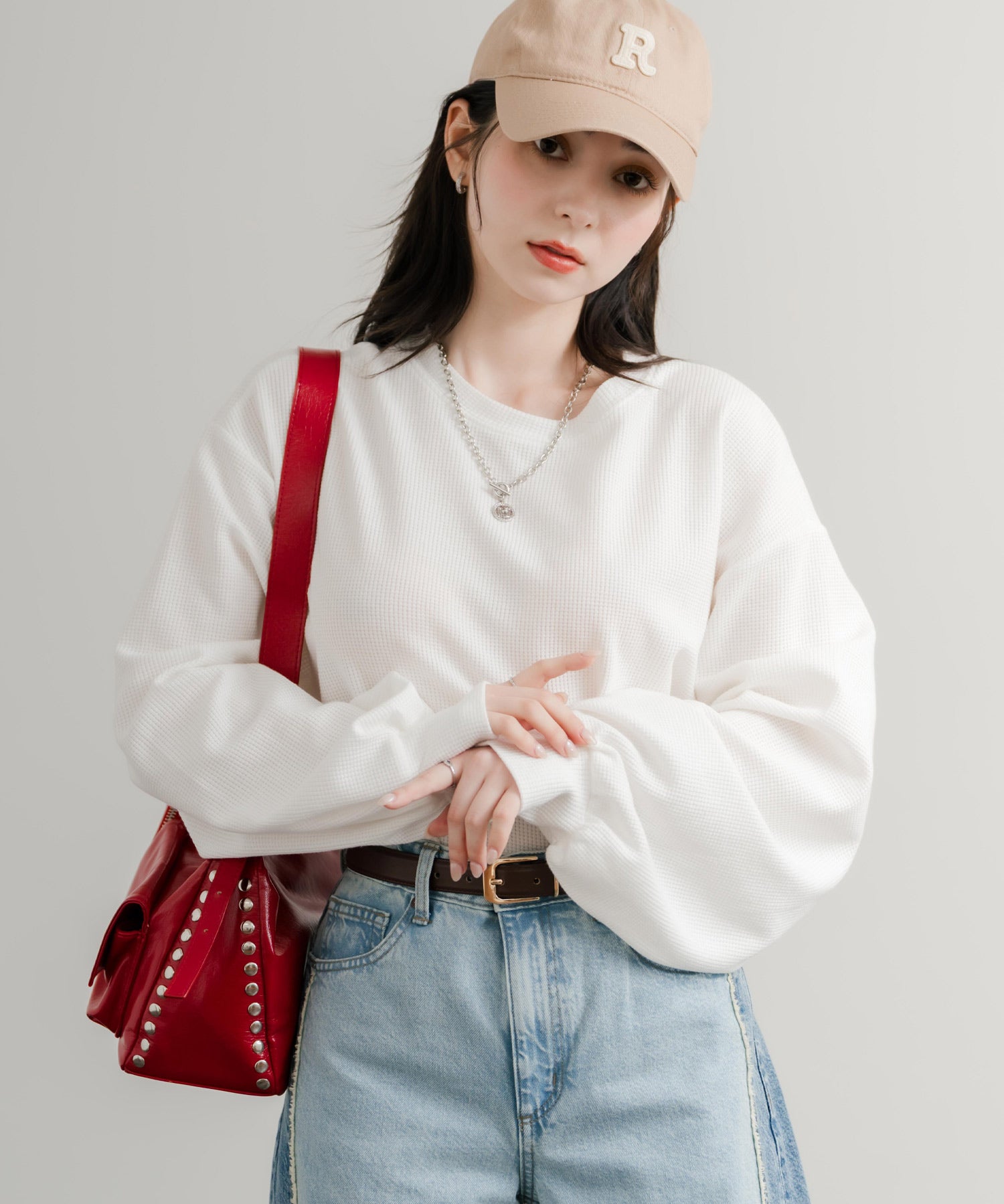 オーバーサイズバルーンスリーブワッフルロングTシャツ 14803
