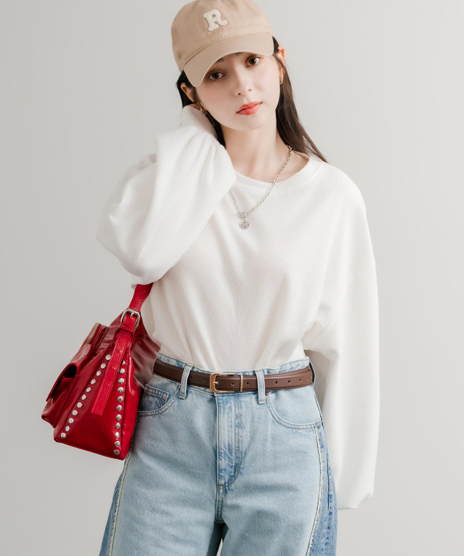 オーバーサイズバルーンスリーブワッフルロングTシャツ 14803