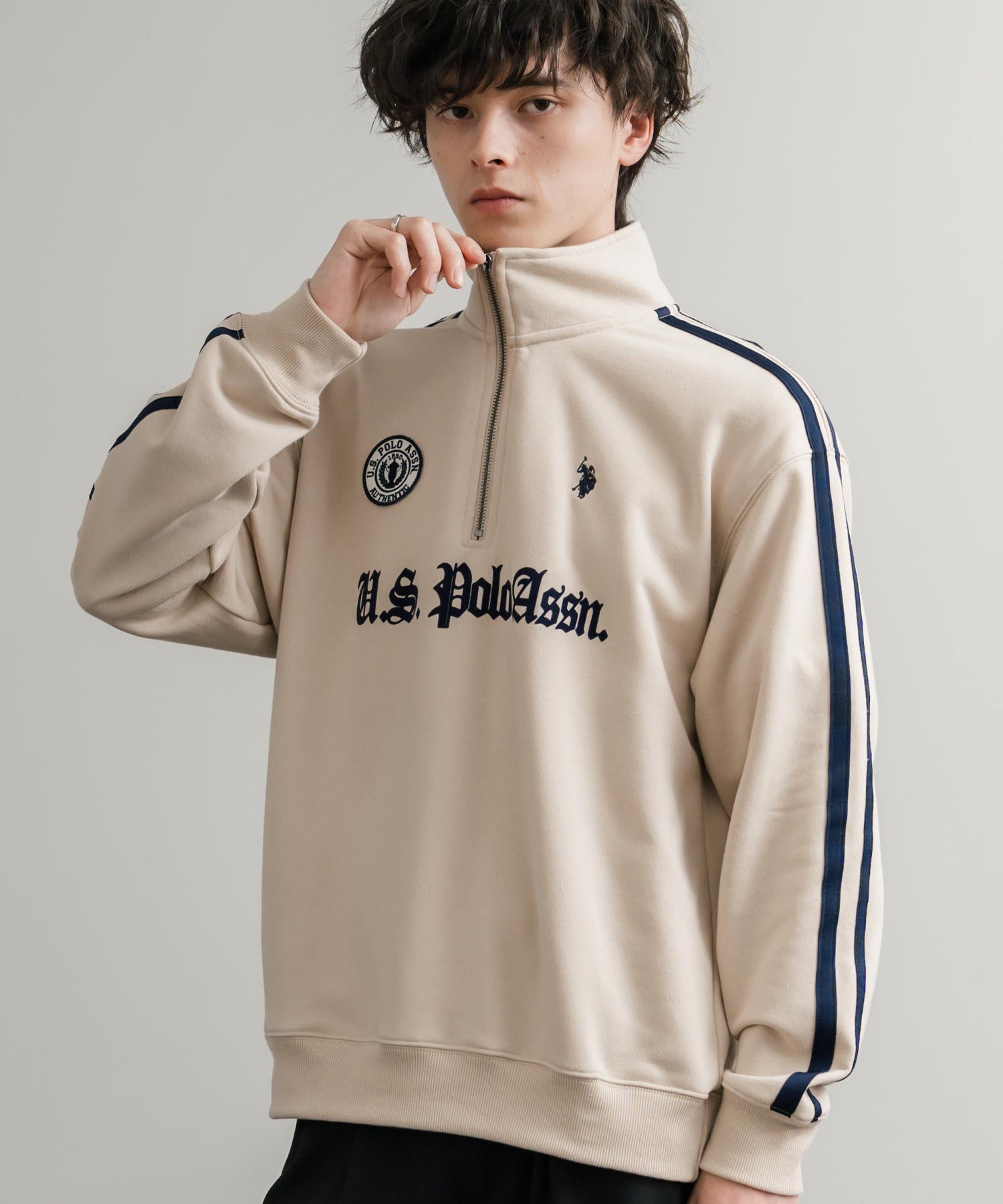 U.S. POLO ASSN. ユーエスポロアッスン half zip sweat shirt オーバーサイズ袖ラインワンポイントロゴ刺繍ハーフジップ裏毛スウェット 14862