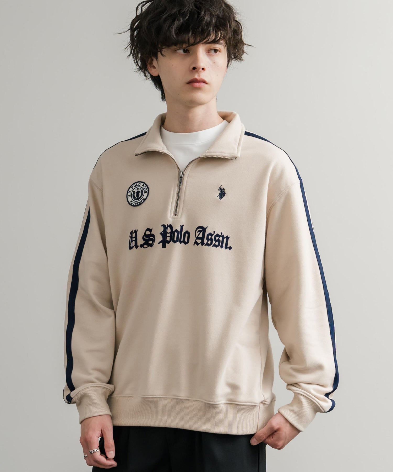 U.S. POLO ASSN. ユーエスポロアッスン half zip sweat shirt オーバーサイズ袖ラインワンポイントロゴ刺繍ハーフジップ裏毛スウェット 14862