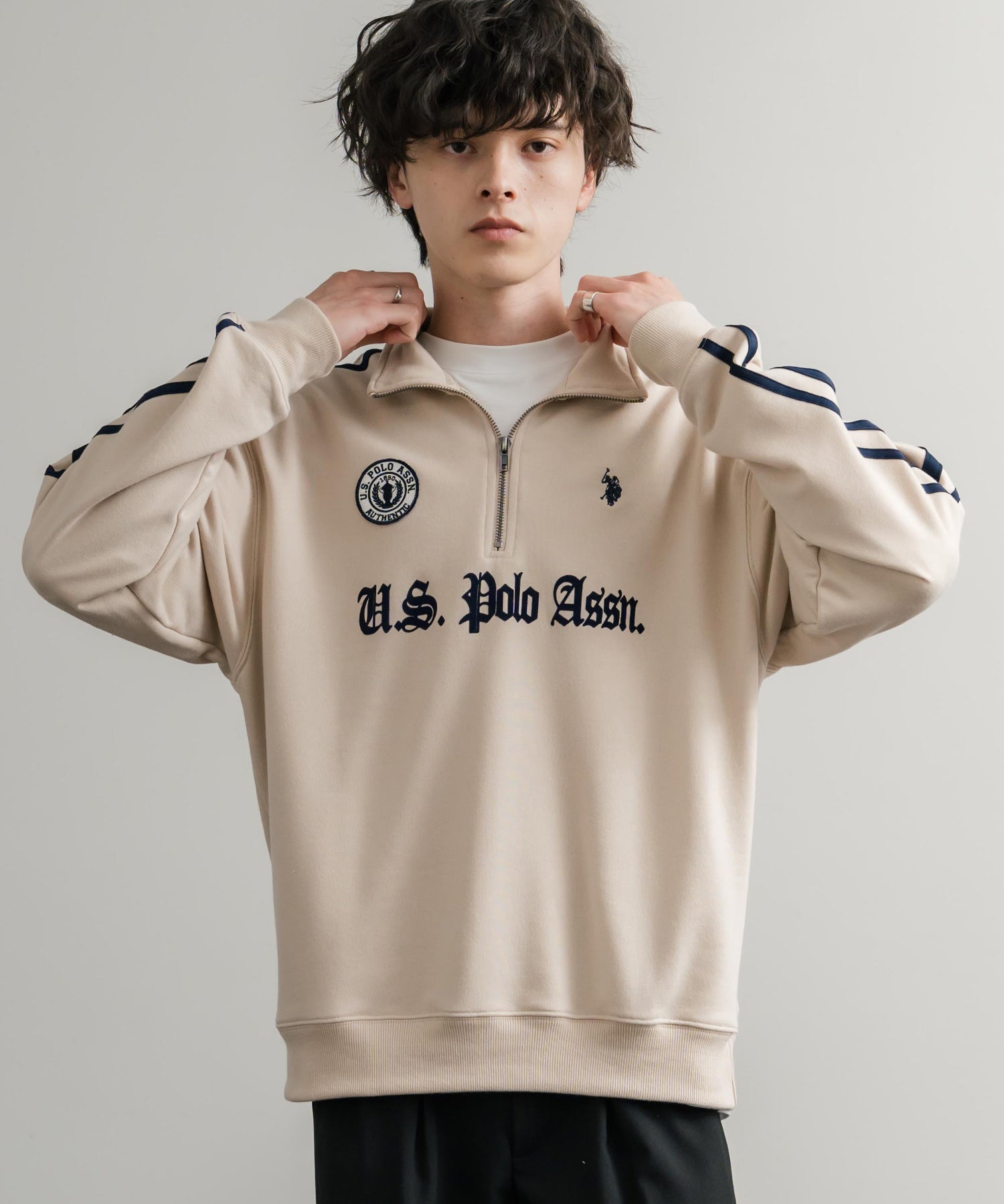 U.S. POLO ASSN. ユーエスポロアッスン half zip sweat shirt オーバーサイズ袖ラインワンポイントロゴ刺繍ハーフジップ裏毛スウェット 14862