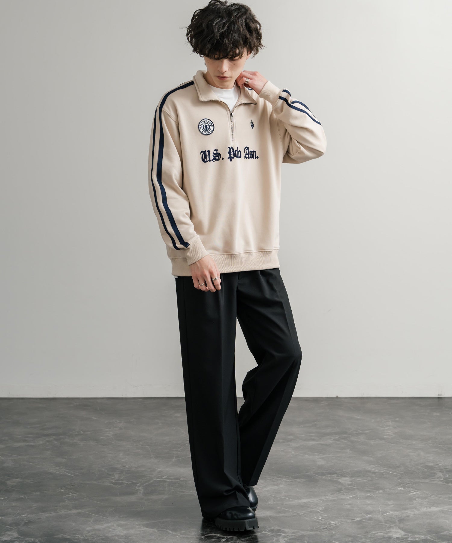 U.S. POLO ASSN. ユーエスポロアッスン half zip sweat shirt オーバーサイズ袖ラインワンポイントロゴ刺繍ハーフジップ裏毛スウェット 14862