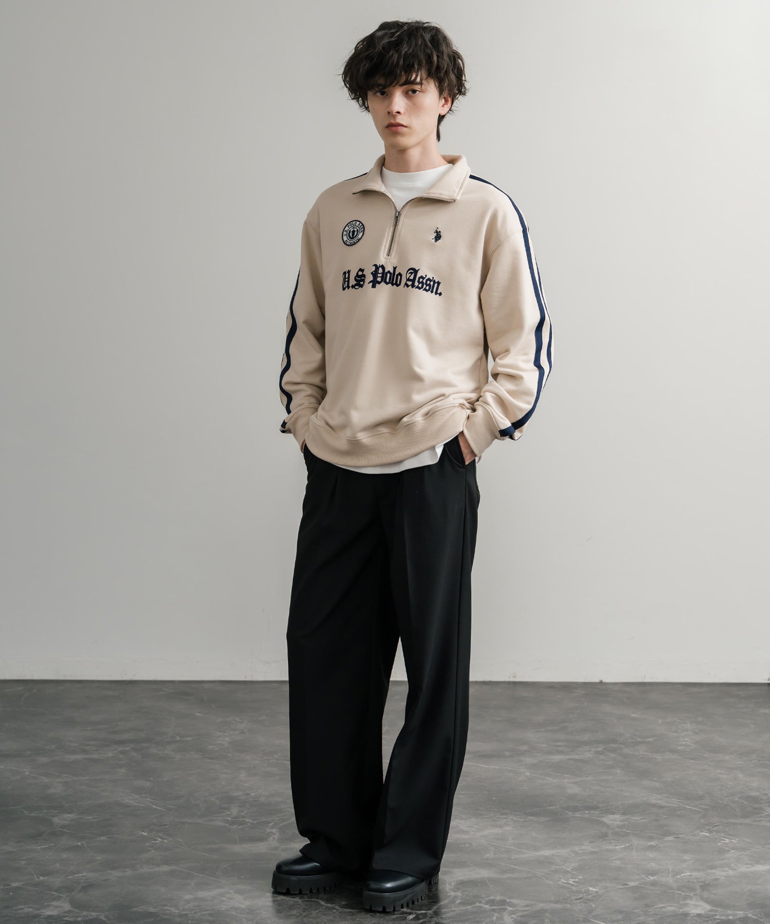 U.S. POLO ASSN. ユーエスポロアッスン half zip sweat shirt オーバーサイズ袖ラインワンポイントロゴ刺繍ハーフジップ裏毛スウェット 14862