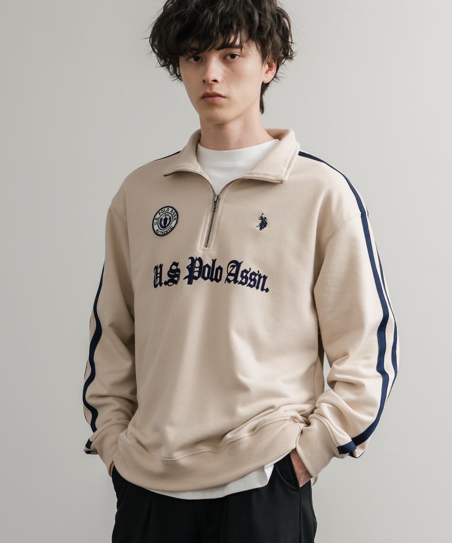 U.S. POLO ASSN. ユーエスポロアッスン half zip sweat shirt オーバーサイズ袖ラインワンポイントロゴ刺繍ハーフジップ裏毛スウェット 14862