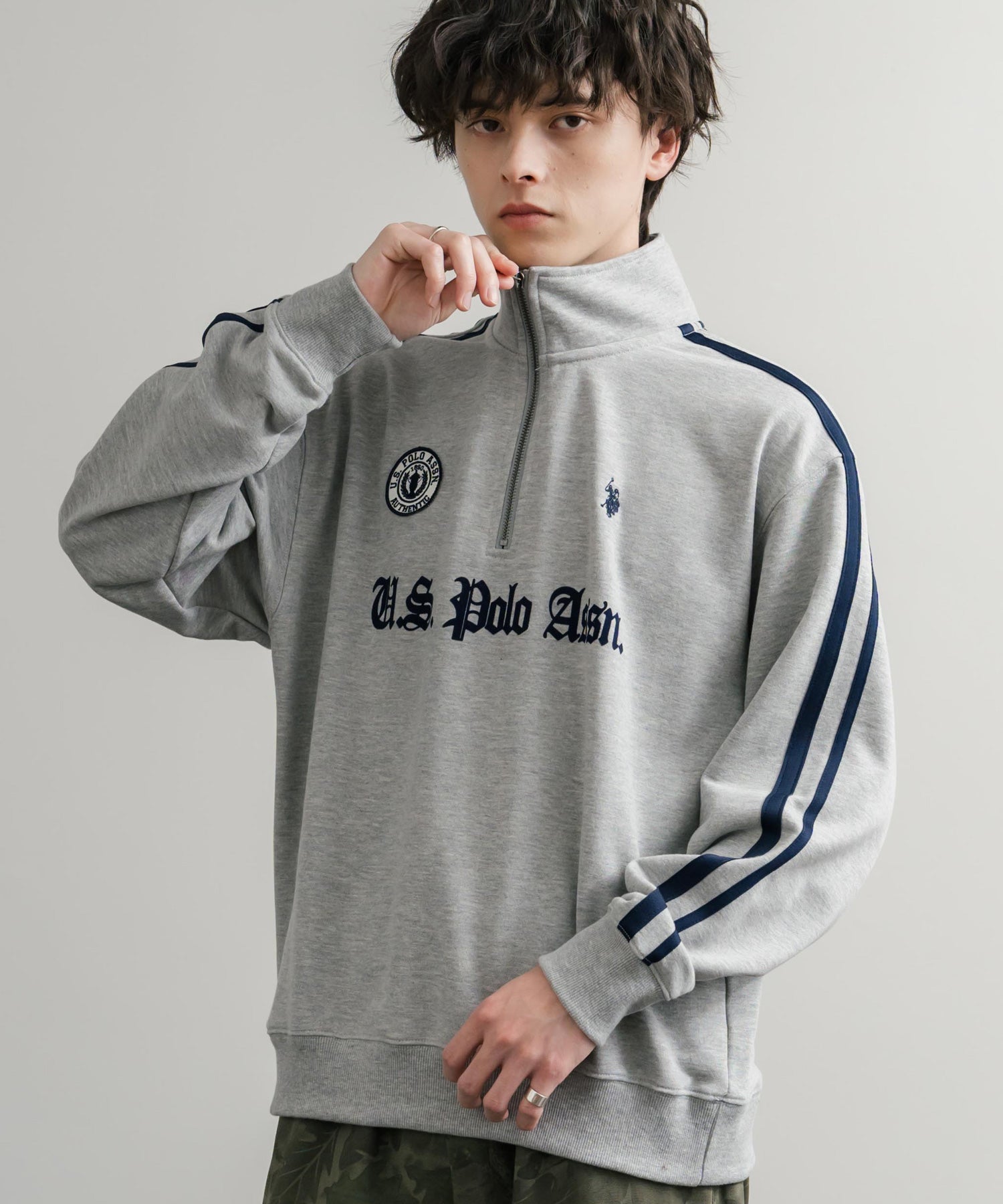 U.S. POLO ASSN. ユーエスポロアッスン half zip sweat shirt オーバーサイズ袖ラインワンポイントロゴ刺繍ハーフジップ裏毛スウェット 14862