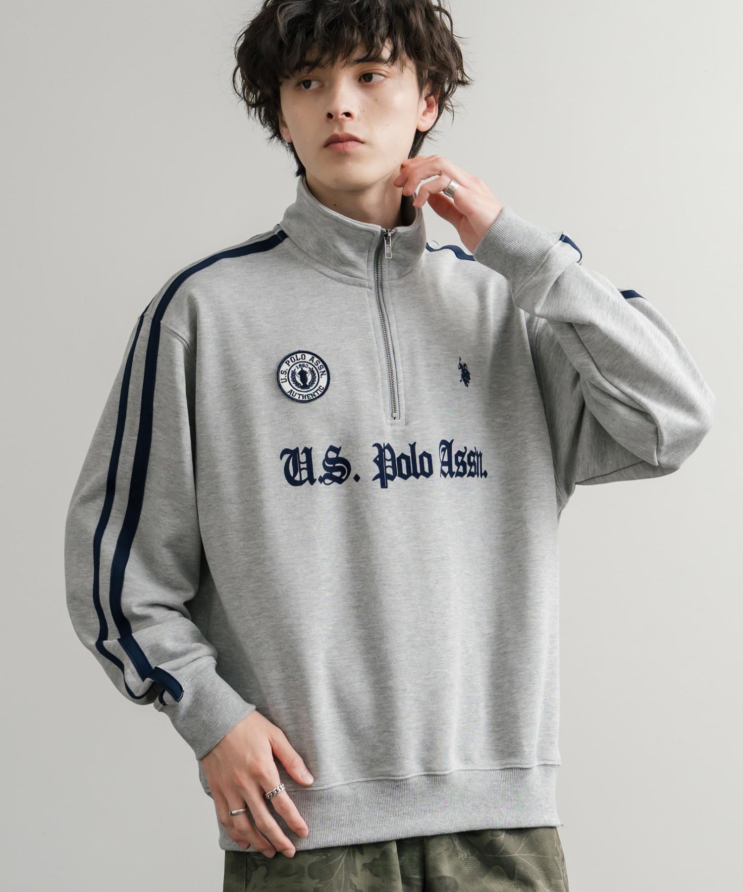 U.S. POLO ASSN. ユーエスポロアッスン half zip sweat shirt オーバーサイズ袖ラインワンポイントロゴ刺繍ハーフジップ裏毛スウェット 14862