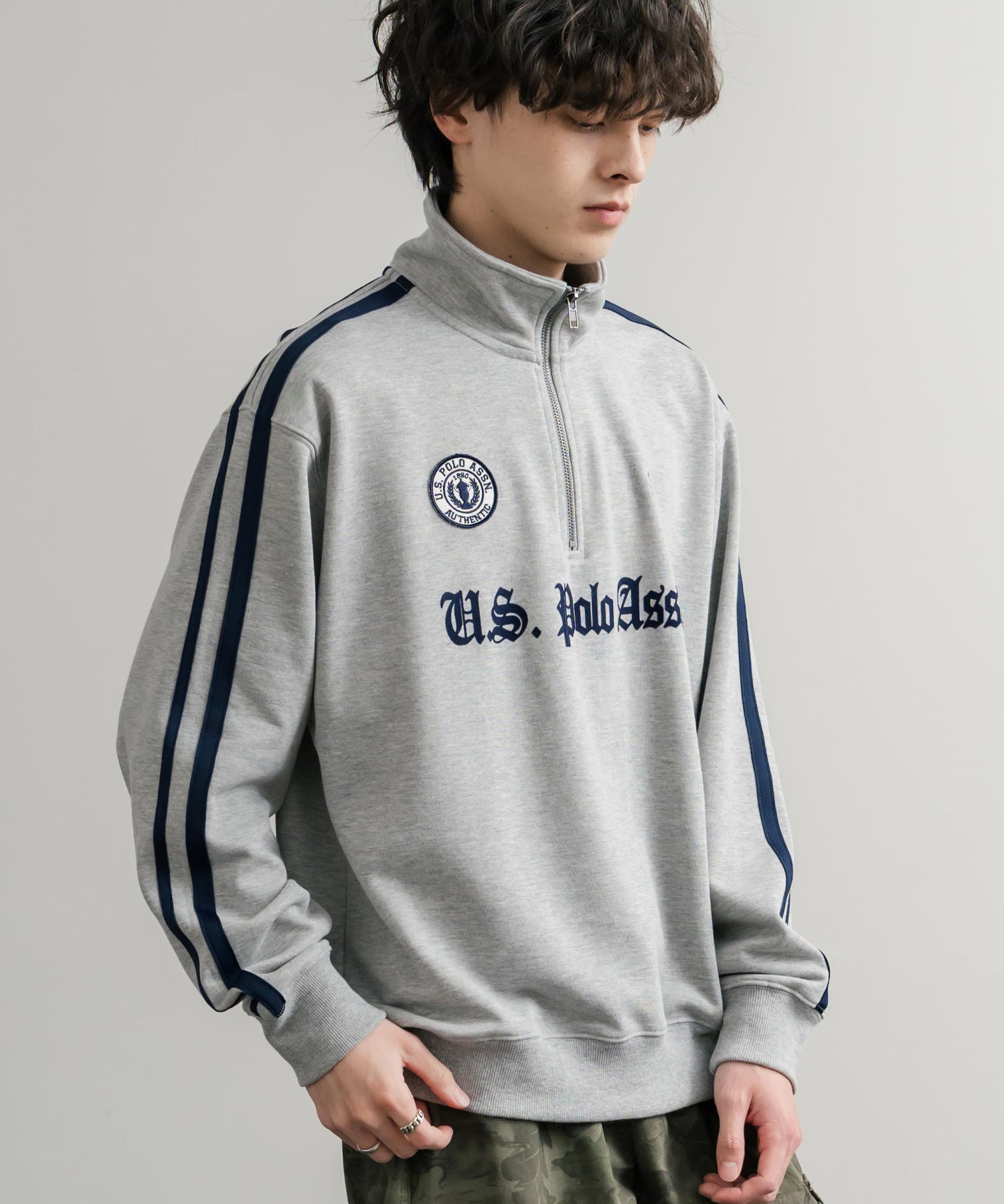 U.S. POLO ASSN. ユーエスポロアッスン half zip sweat shirt オーバーサイズ袖ラインワンポイントロゴ刺繍ハーフジップ裏毛スウェット 14862