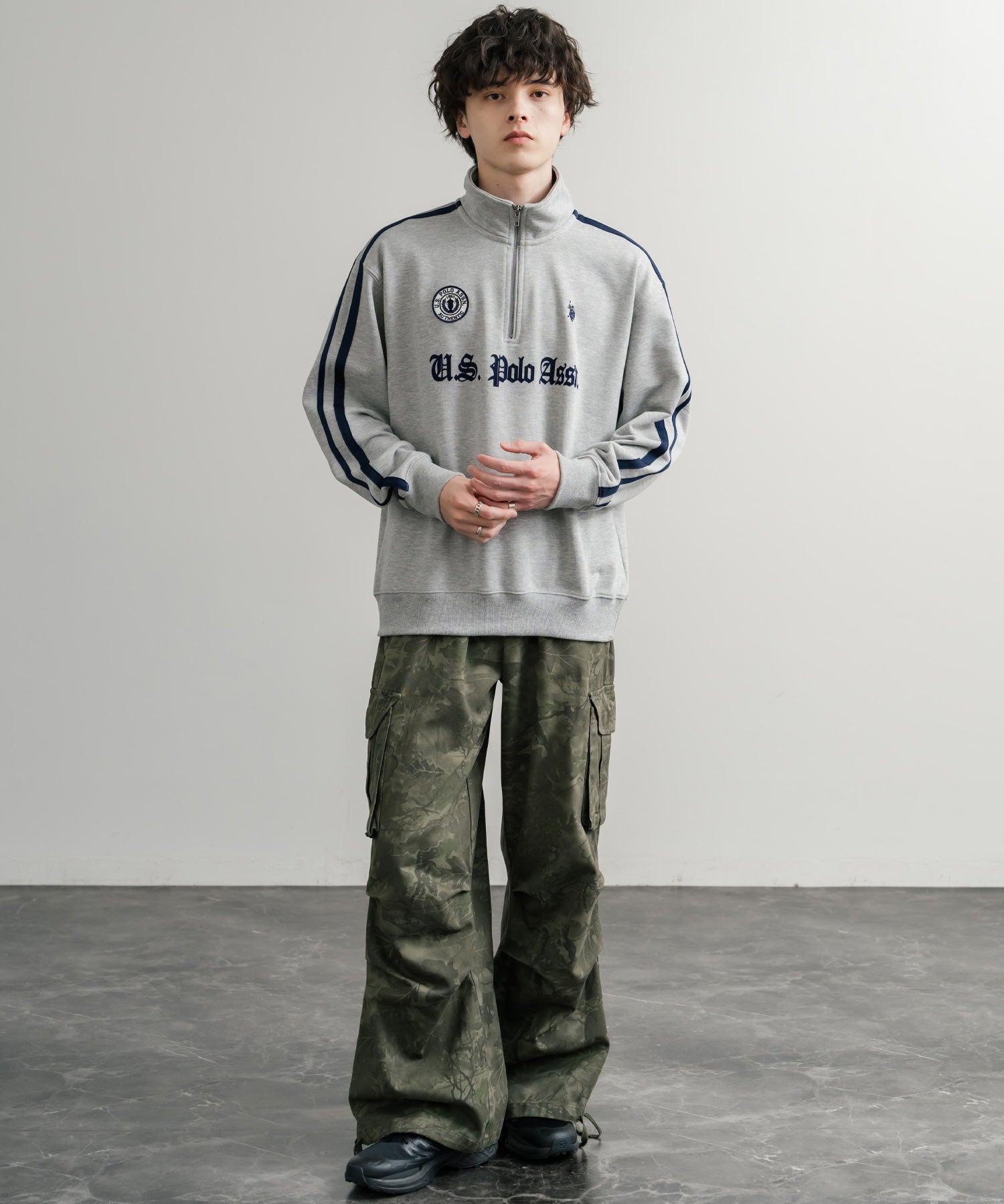 U.S. POLO ASSN. ユーエスポロアッスン half zip sweat shirt オーバーサイズ袖ラインワンポイントロゴ刺繍ハーフジップ裏毛スウェット 14862