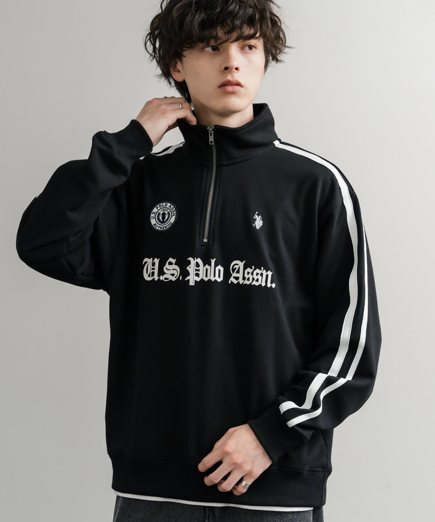 U.S. POLO ASSN. ユーエスポロアッスン half zip sweat shirt オーバーサイズ袖ラインワンポイントロゴ刺繍ハーフジップ裏毛スウェット 14862