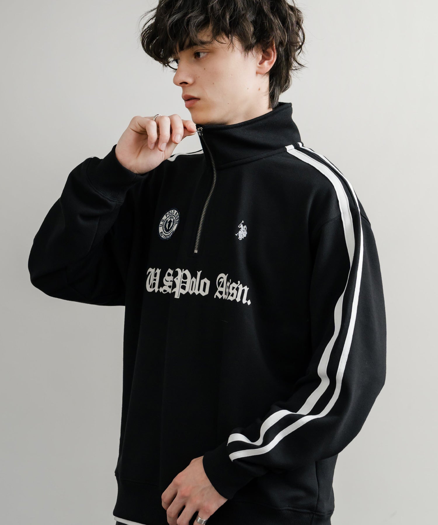 U.S. POLO ASSN. ユーエスポロアッスン half zip sweat shirt オーバーサイズ袖ラインワンポイントロゴ刺繍ハーフジップ裏毛スウェット 14862