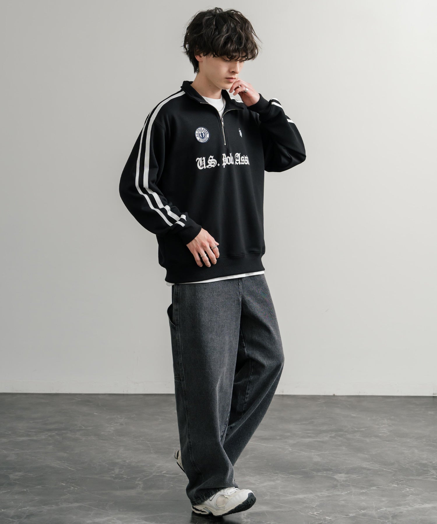 U.S. POLO ASSN. ユーエスポロアッスン half zip sweat shirt オーバーサイズ袖ラインワンポイントロゴ刺繍ハーフジップ裏毛スウェット 14862