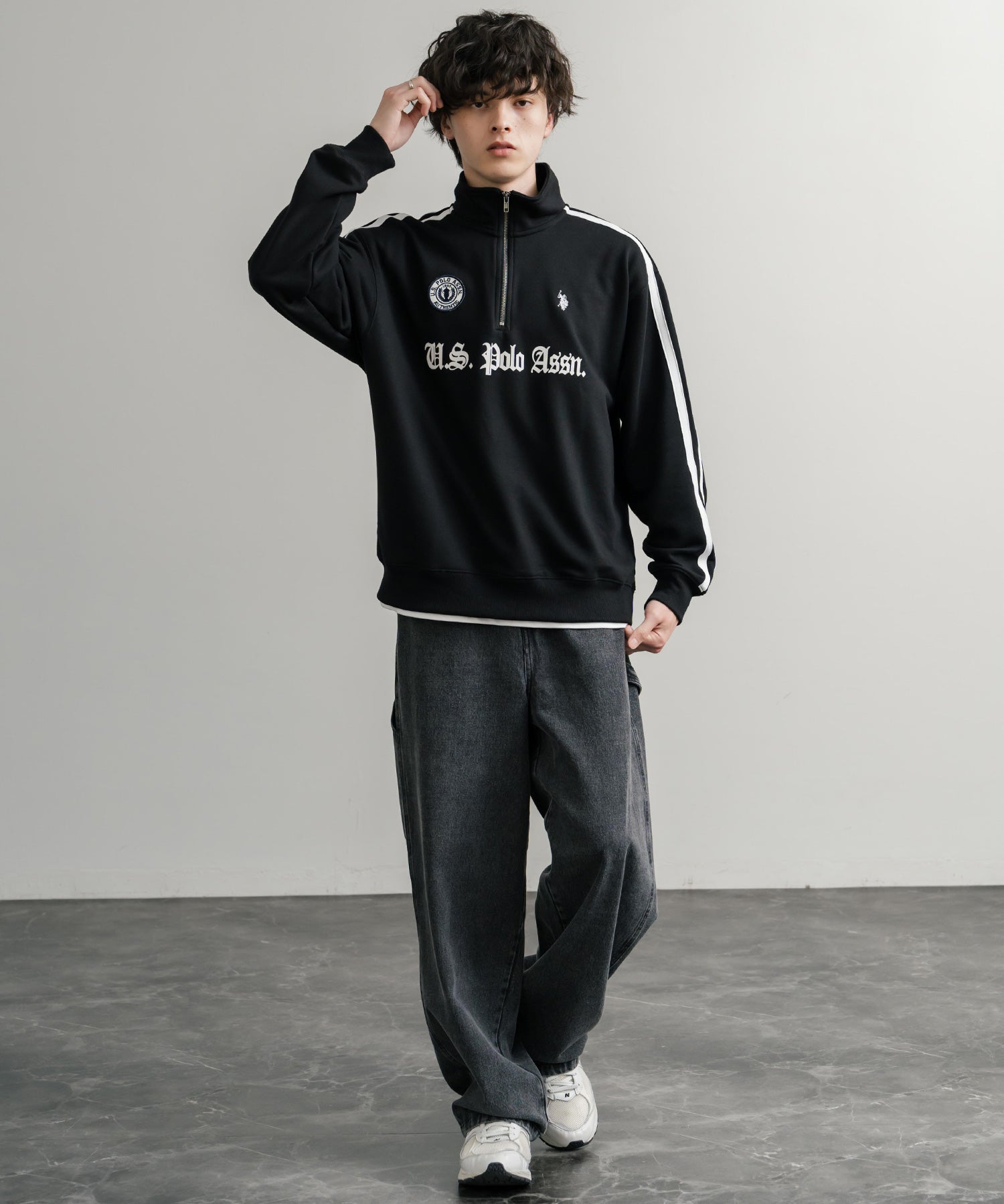 U.S. POLO ASSN. ユーエスポロアッスン half zip sweat shirt オーバーサイズ袖ラインワンポイントロゴ刺繍ハーフジップ裏毛スウェット 14862