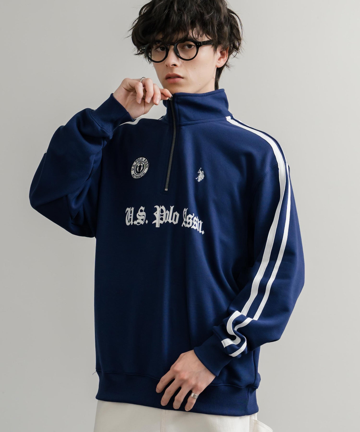 U.S. POLO ASSN. ユーエスポロアッスン half zip sweat shirt オーバーサイズ袖ラインワンポイントロゴ刺繍ハーフジップ裏毛スウェット 14862