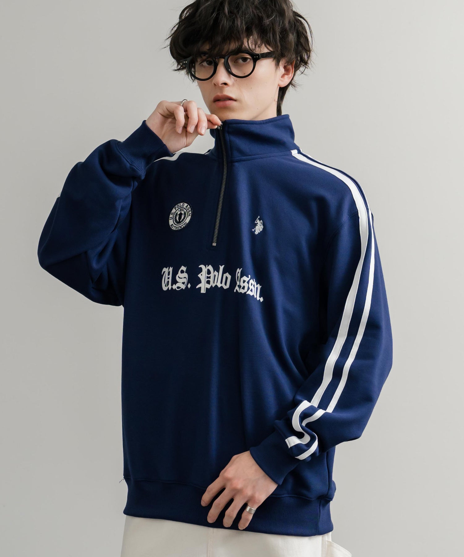 U.S. POLO ASSN. ユーエスポロアッスン half zip sweat shirt オーバーサイズ袖ラインワンポイントロゴ刺繍ハーフジップ裏毛スウェット 14862