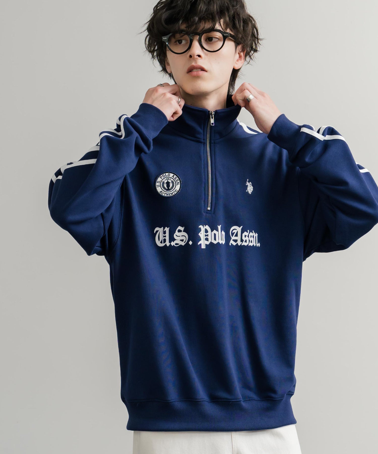 U.S. POLO ASSN. ユーエスポロアッスン half zip sweat shirt オーバーサイズ袖ラインワンポイントロゴ刺繍ハーフジップ裏毛スウェット 14862