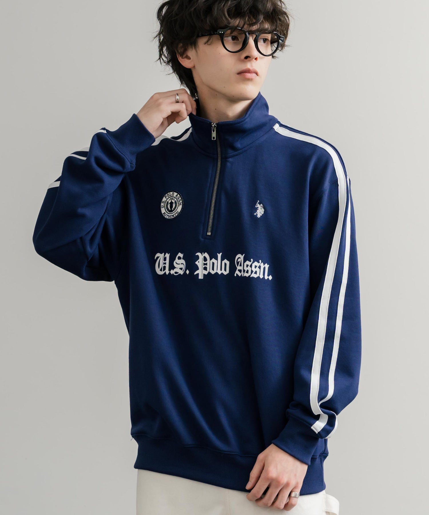 U.S. POLO ASSN. ユーエスポロアッスン half zip sweat shirt オーバーサイズ袖ラインワンポイントロゴ刺繍ハーフジップ裏毛スウェット 14862