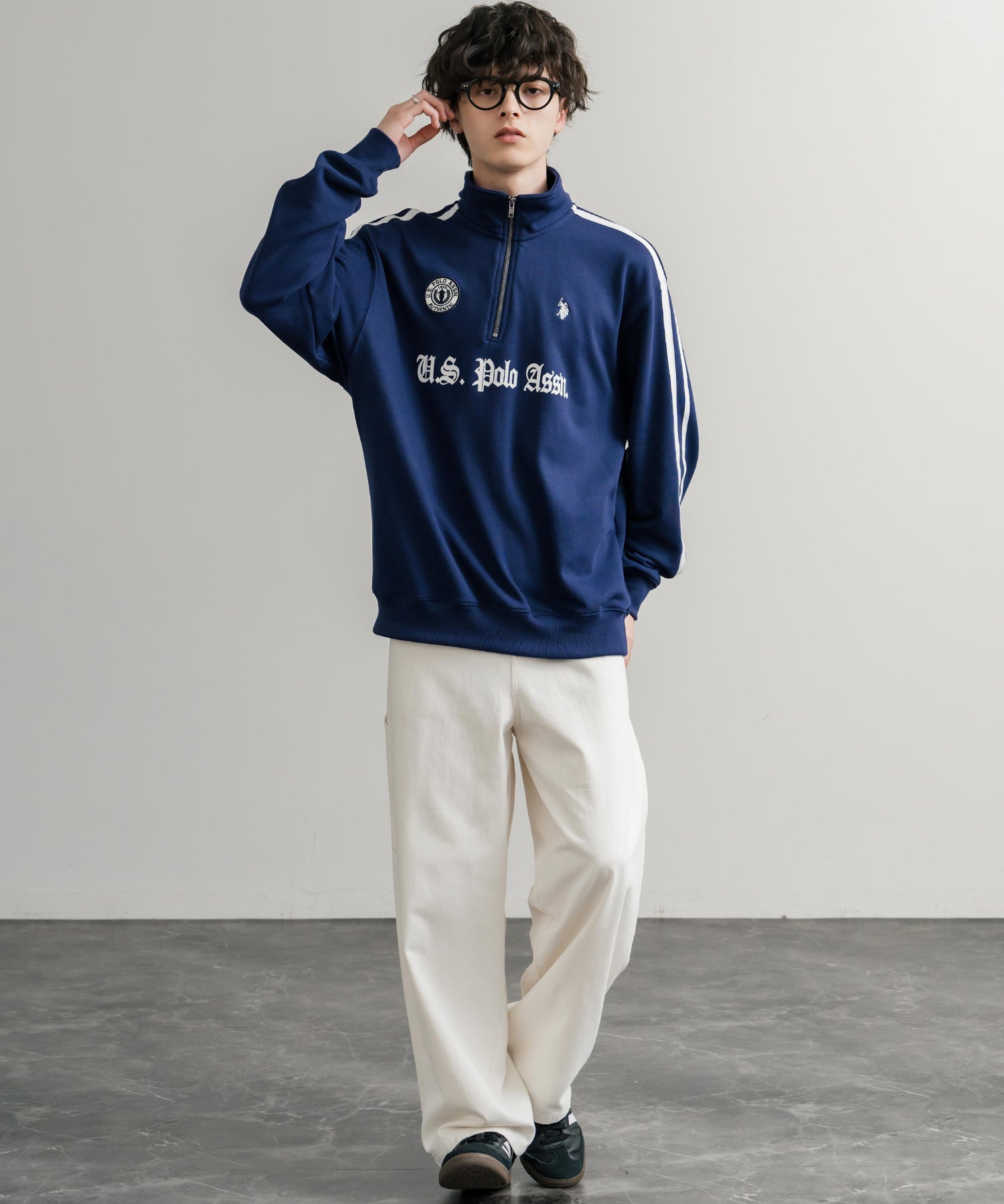 U.S. POLO ASSN. ユーエスポロアッスン half zip sweat shirt オーバーサイズ袖ラインワンポイントロゴ刺繍ハーフジップ裏毛スウェット 14862